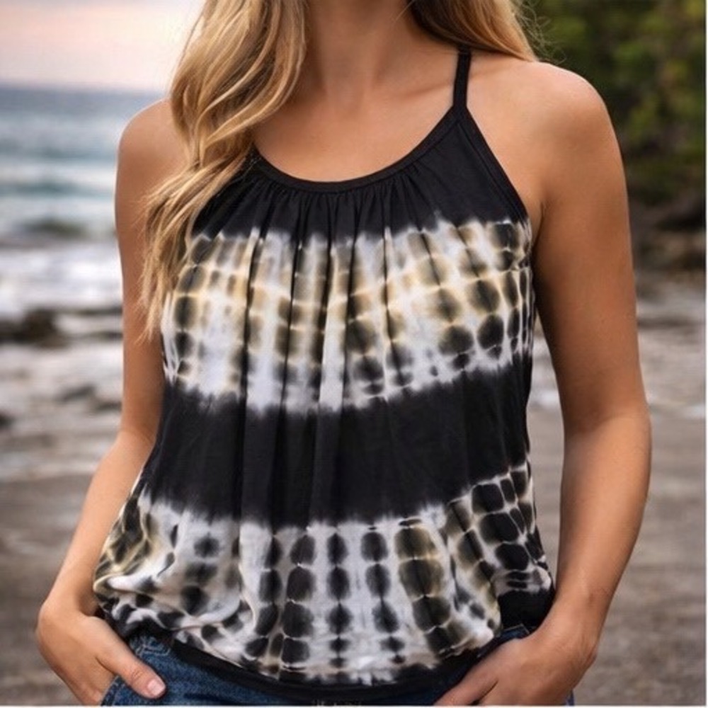 7 Islands Tie‎ Dye Halter Dress Black White Tan Free Size Boho Braided Neckline